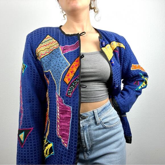 Vintage Allure | 80s 90s Unique Art to Wear Jacket Blue Multi Colored Patches S - Picture 1 of 5